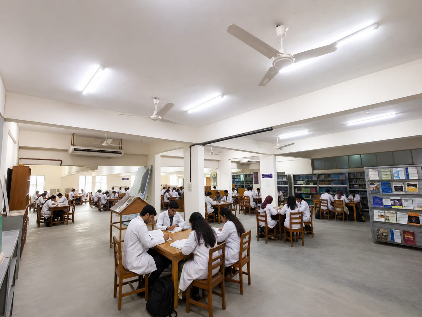 Medical students studying together in the GSVMC library