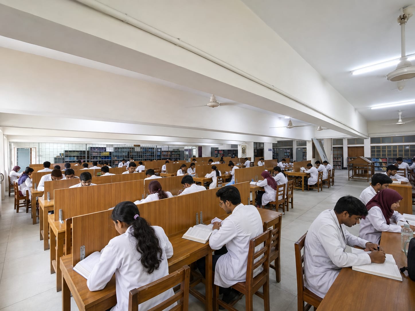 Medical students reading at individual desks in the GSVMC library